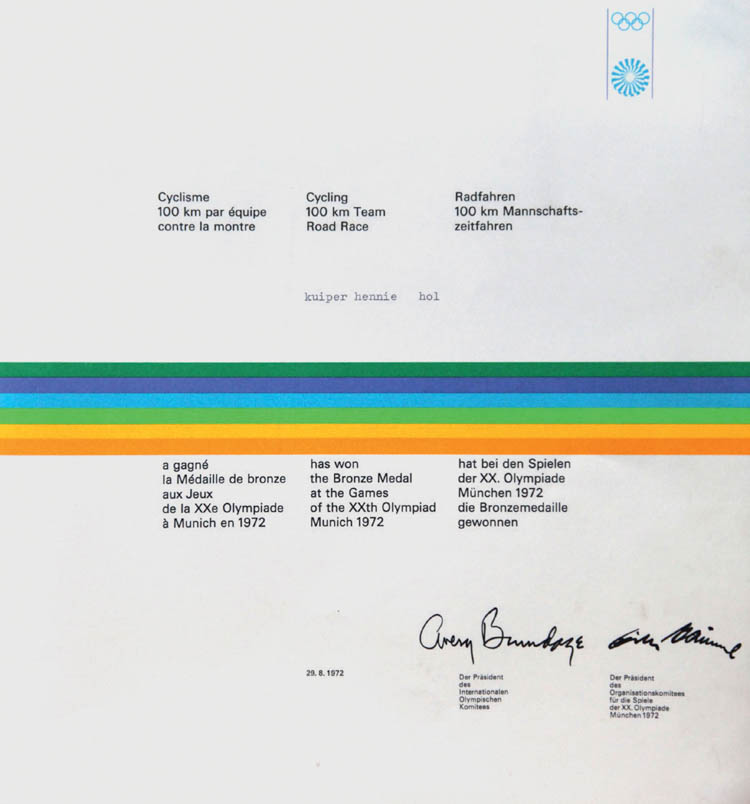 Six weeks after the Munich 1972 Games - where the team of the 100-kilometer team time trial was disqualified - Kuiper, Den Hertog, Priem, and Van den Hoek receive the certificate of Olympic bronze from the International Olympic Committee.