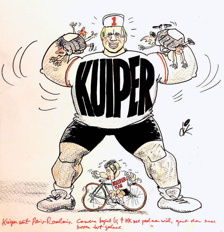 Cartoonist Dik Bruynesteyn portrays Hennie Kuiper as a real tough guy who has crushed the competition