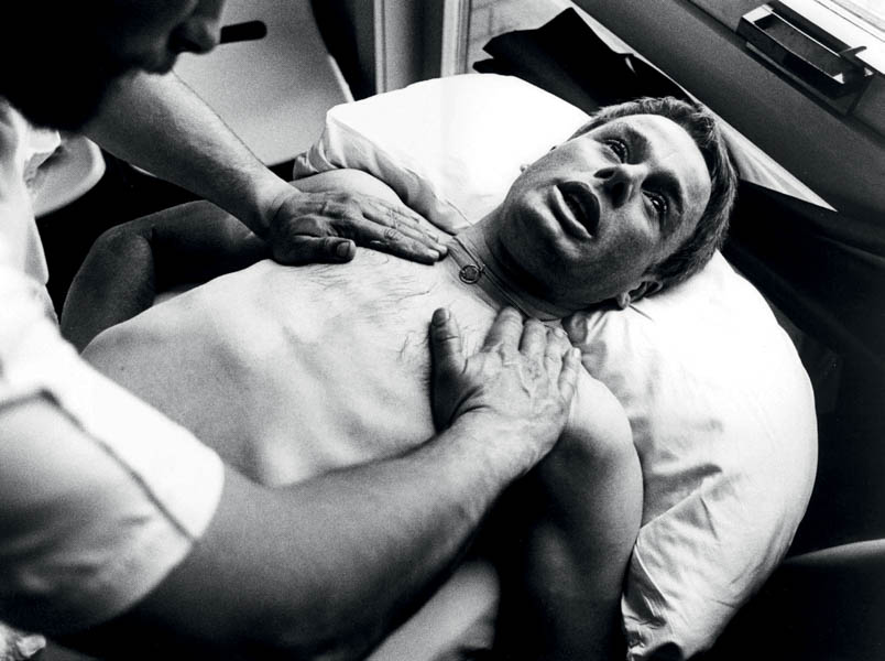 Hennie Kuiper lets the fatigue of a tough mountain ride be massaged out on the massage table in Luchon