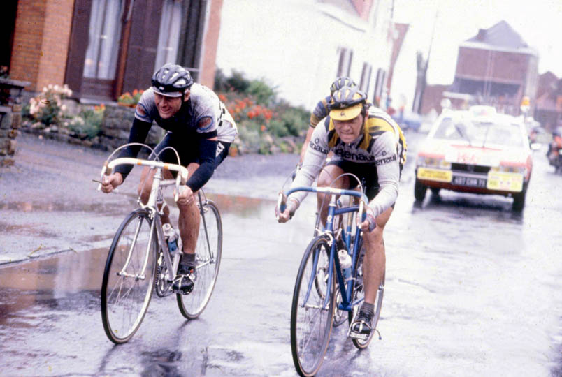 In the Tour of '80, Hennie Kuiper rides a great cobblestone stage between Liège and Lille together with Bernard Hinault. It is truly Hennie Kuiper weather. Hinault beats Kuiper in the sprint for the stage win. Ludo Delcroix, almost invisible behind Hinault, will receive almost a minute gap as the third in the stage.