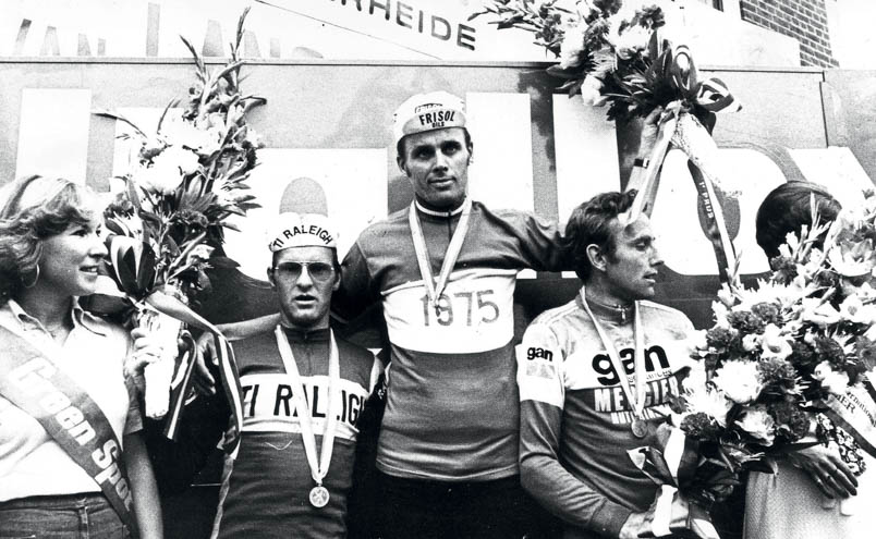 The podium of the Dutch National Championship 1975 in Hoogerheide with from left to right: Bert Pronk, Hennie Kuiper and Joop Zoetemelk