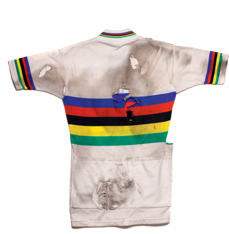 1976 - IN AN ATTEMPT DURING THE TOUR DE FRANCE ON HIS PARENTS' WEDDING DAY TO WIN THE STAGE TO SAINT-GAUDENS, HENNIE KUIPER FALLS IN THE FINALE. THE HOLES IN HIS RAINBOW JERSEY ARE THE SILENT WITNESSES